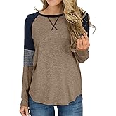 Hilltichu Womens Color Block Round Neck Tunic Tops Casual Long Sleeve Shirt Blouse