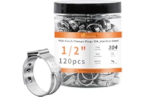 WYSIWYKA 120pcs 1/2 inch PEX Cinch Clamps Rings, 304 Stainless Steel Single Ear Hose Clamps, Heavy Duty Pex Crimp Rings for PEX Tubing Pipe Fitting Connections