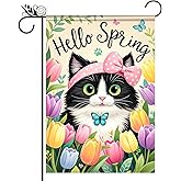 BlissYard Hello Spring Garden Flag 12x18 Inch Double Sided Cute Cat Tulips Seasonal Welcome Small Flags For Outside Outdoor Decor Yard Farmhouse Holiday Spring Summer Decorations Yard Flags