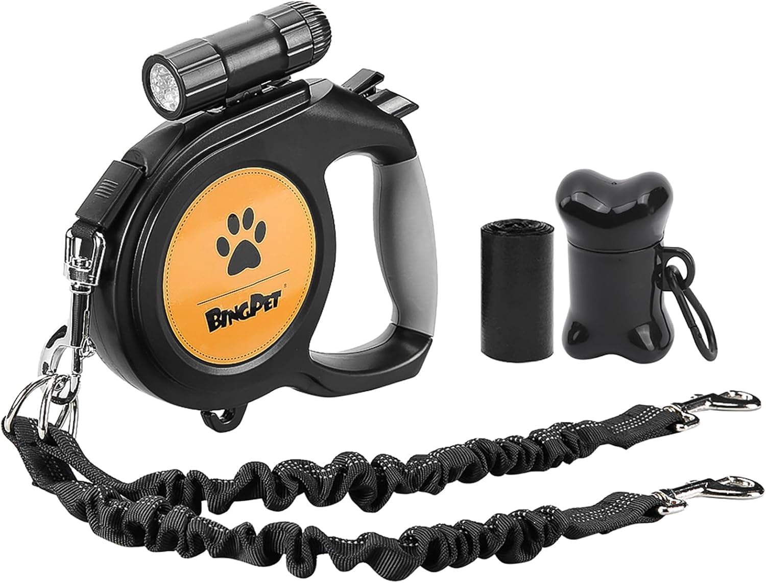 Photo 1 of BINGPET Dual Retractable Dog Leash for Dogs Walking,26ft Heavy Duty Double Dog Leash for Two Dogs with LED Flashlight,Poop Bags,Reflective Elastic Rope,360° Tangle-Free,Up to 110 lbs / 50 kg
