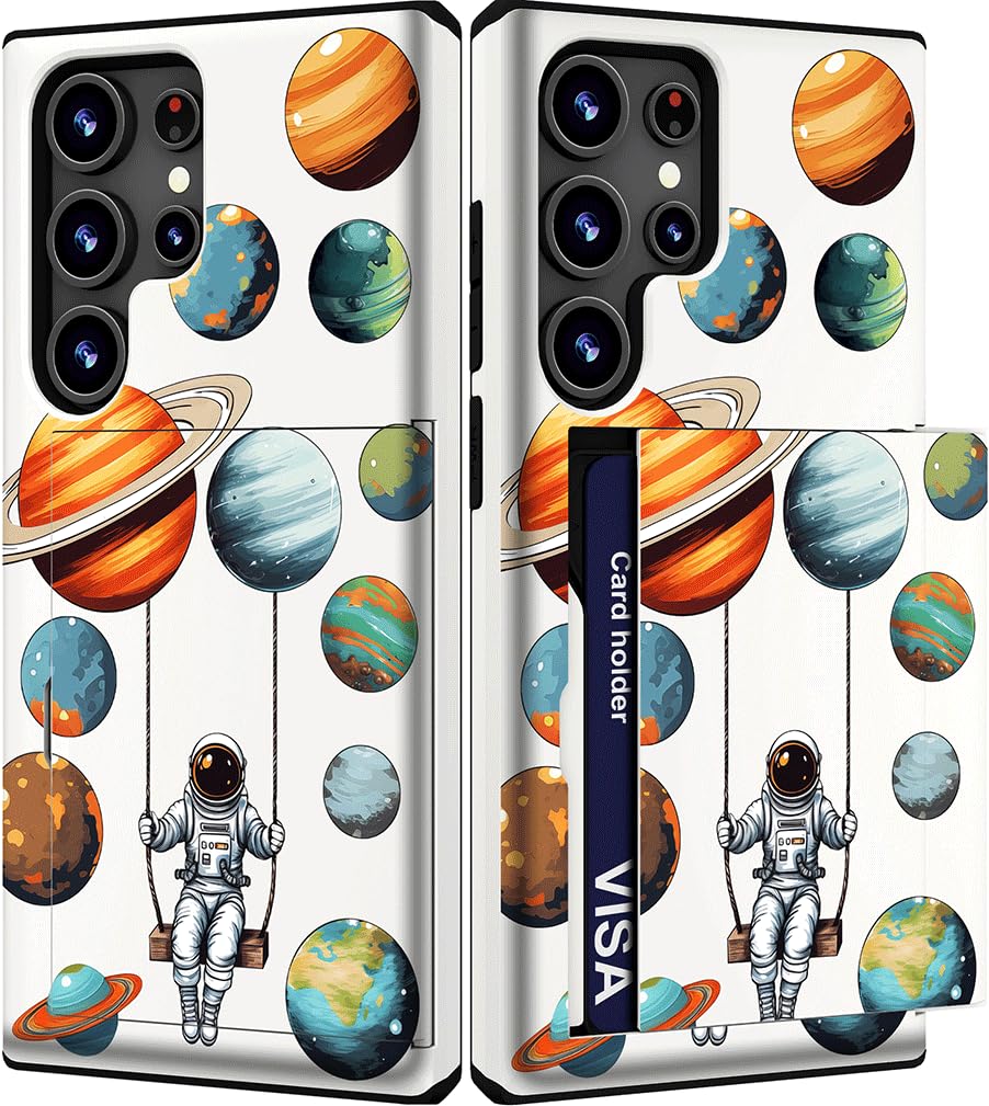 IWONE Compatible with Samsung Galaxy S25 Ultra Case with Card Holder Cute Shockproof Drop Protection Phone Wallet Slot Cover Cases for Women - White Astronaut Space Spaceman