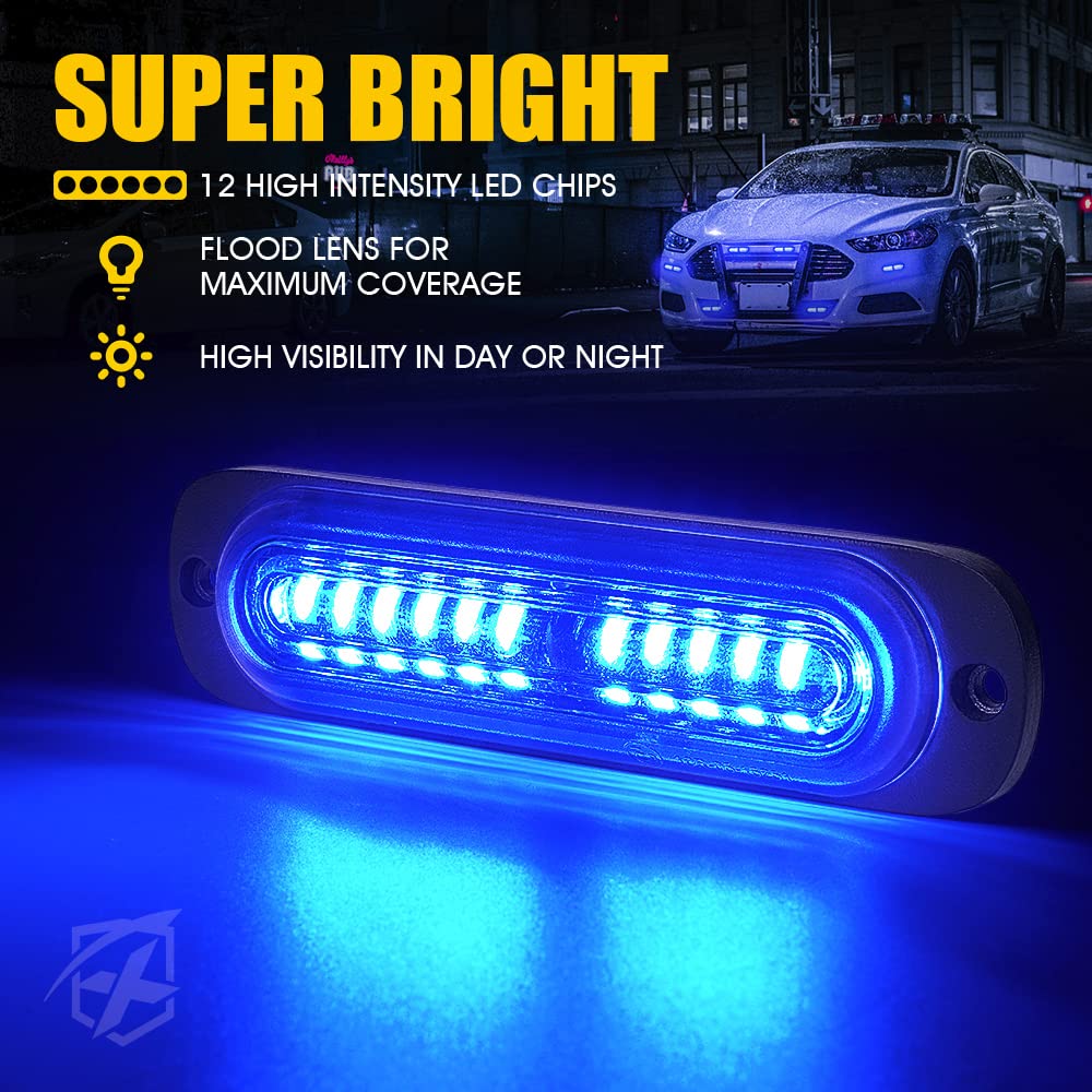 Xprite Blue LED Surface Mount Strobe Police Lights Kit, Emergency Safety Warning Flashing Grille Cop Marker Light for Volunteer Vehicles Trucks ATV UTV Cars Vans Motorcycle - 8PCS