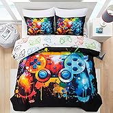 Holawakaka Full Size Gaming Console Bed in A Bag 5 Pieces for Boys Gamer Comforter with Sheets Set for Kids Teens Graffiti Video Gamepad Quilt Bedding Set (Black, Full)