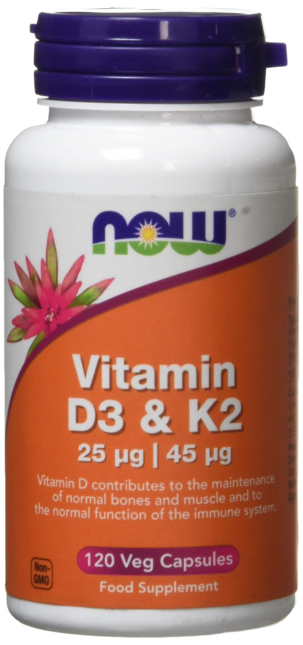 Now Foods Vitamin D3 and K2 Veg Capsules, 25 mcg/45 mcg, Pack of 120