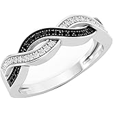 Dazzlingrock Collection Valentine's Day Gift 0.15 Ctw Round Black & White Natural Diamond Criss Cross Stackable Ring for Women in 925 Sterling Silver
