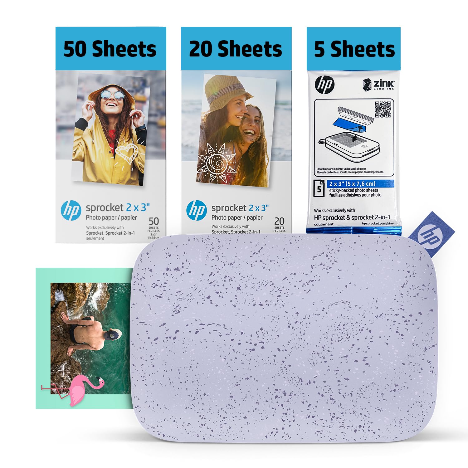 HP Sprocket 2x3 Instant Smartphone Photo Printer 75 Sheets Bundle - Bluetooth Portable Color Wireless Mobile Printer (Purple) Zink Sticky-Back Photos Image