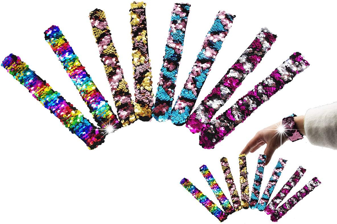 Toyme 16 Pack Mermaid Sequin Bracelets for Party Supplies Favours,Sequin Slap Wristbands for Kids, Adults