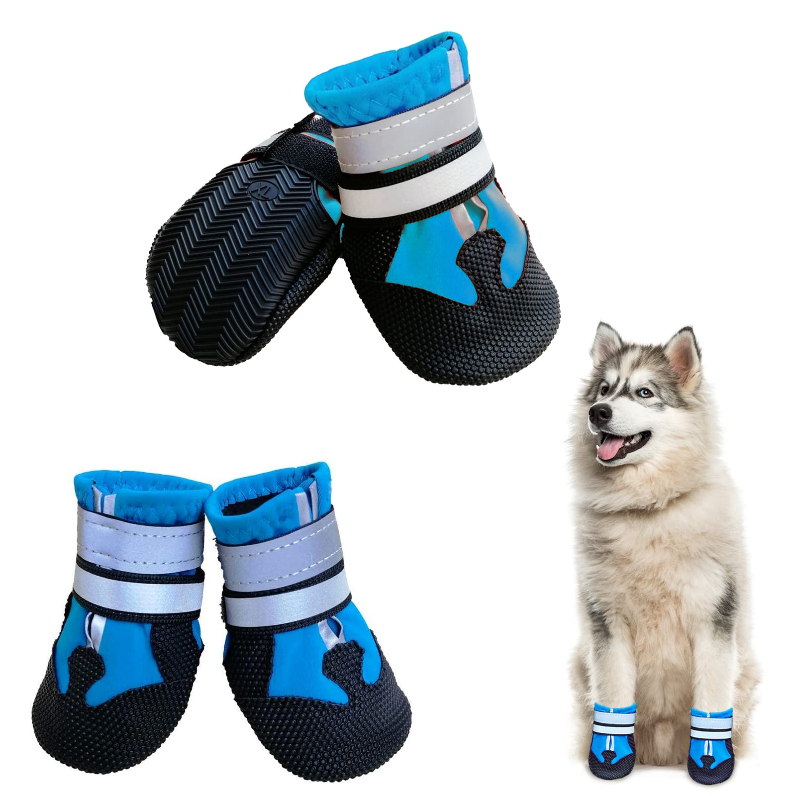 NeuWook Dog Shoes, Set of 4 Waterproof Dog Shoes, Non-Slip Dog Depth with Reflective Strap, Breathable Dog Boots, Paw Protection for Small, Medium Dogs (XL, Blue)
