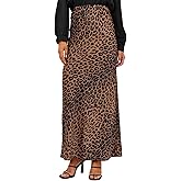 Sewius Women's Satin Slik Skirt Leopard Print High Waist Elastic Waistband Maxi Long Skirt