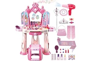 deAO Kids Vanity Table and Chair Set Toddler Vanity Kids Makeup Set with Lights & Music,Open Doors by Gestures,Princess Sash,Crown,Gloves,Hair Dryer Toy,Girls Pretend Play Dress Up Makeup Toy Gift