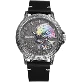 JewelryWe Punk Skull Leather Watches: Cool Round Analog Quartz Calendar Watch Mens Gothic Leather Wristwatch for Father's Day