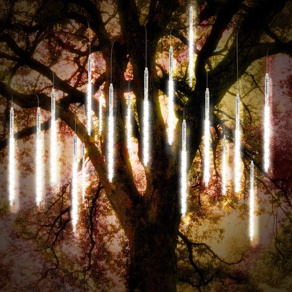 Vikdio Christmas Lights Outdoor, Meteor Shower Lights 30cm 10 Spiral Tubes 300 LEDs 3.15m Lit Length, Waterproof Snowfall Icicle Lights for Outdoor Xmas Decoration Party Tree Window (White)