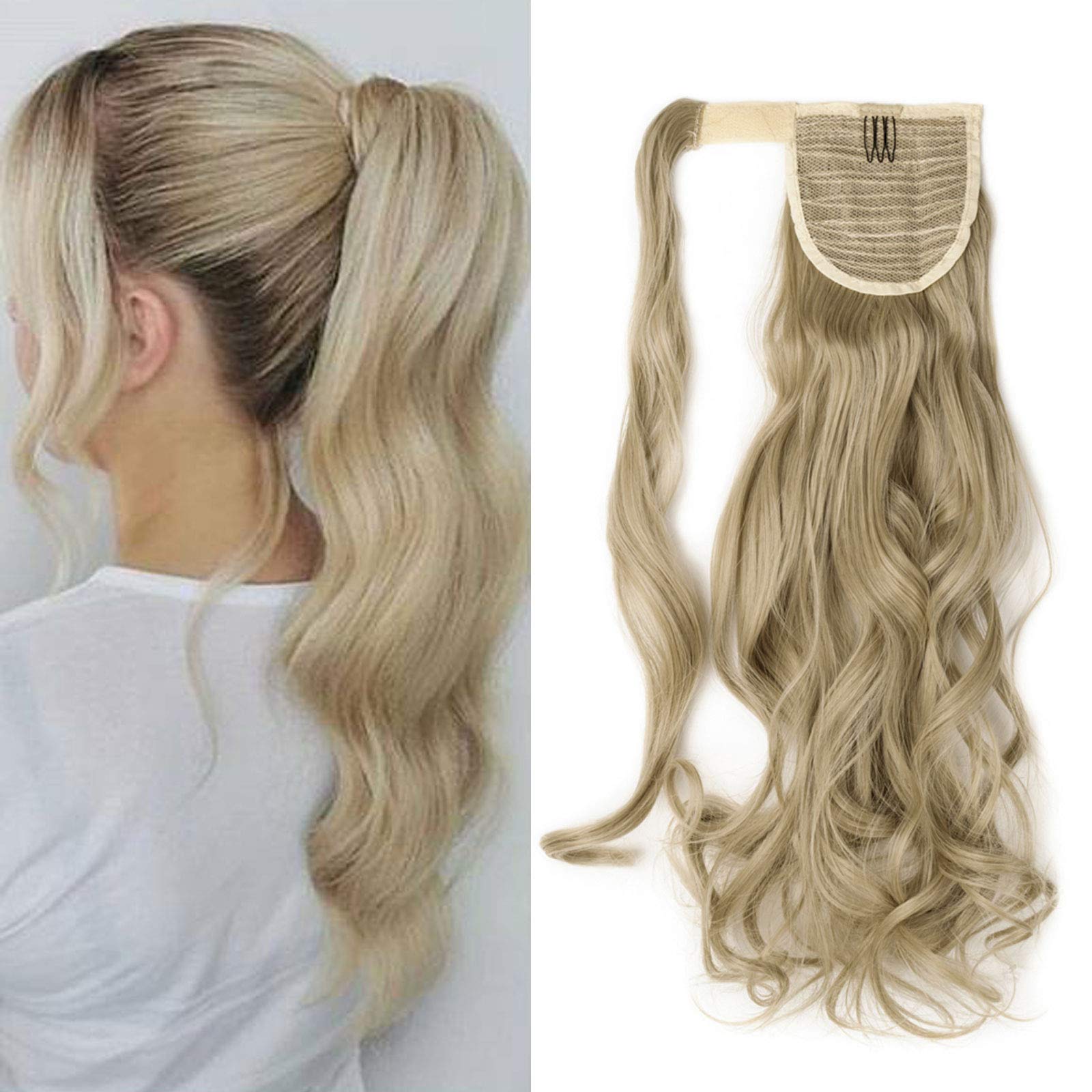S-noilite 17" Clip in Hair Extensions Wrap around Ponytail Long Curly Wavy Hairpiece (17 inches, Ash Blonde mix Bleach Blonde)