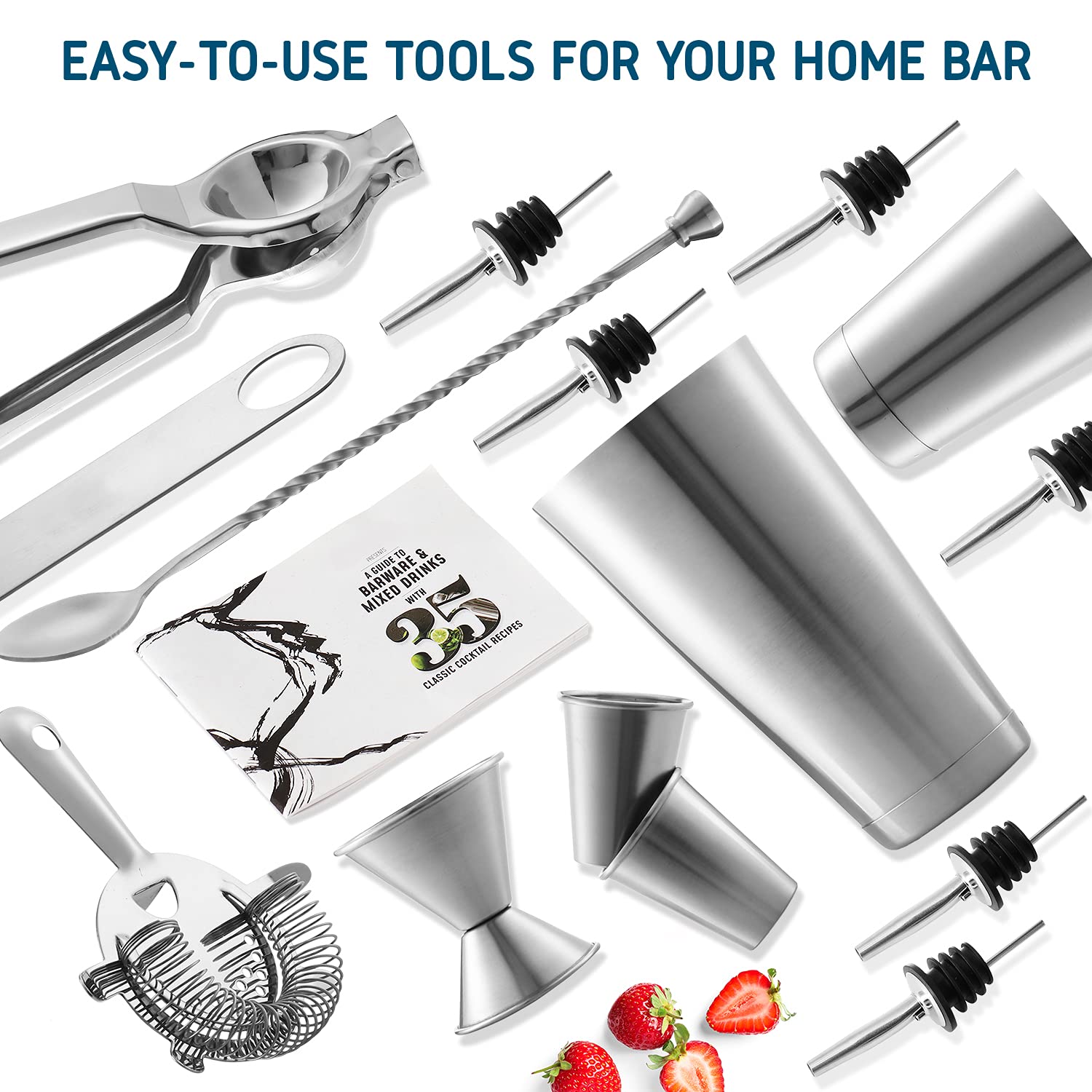 Bar Set Cocktail Shaker Set, Stainless Steel Mixology Bartender Kit, 16 Piece Cocktail Kit, Silver Cocktail Set, Bar Tools: 30oz Martini Shaker, Muddler, Bar Kit Cocktail Book, Jigger and Pourers - Image 6