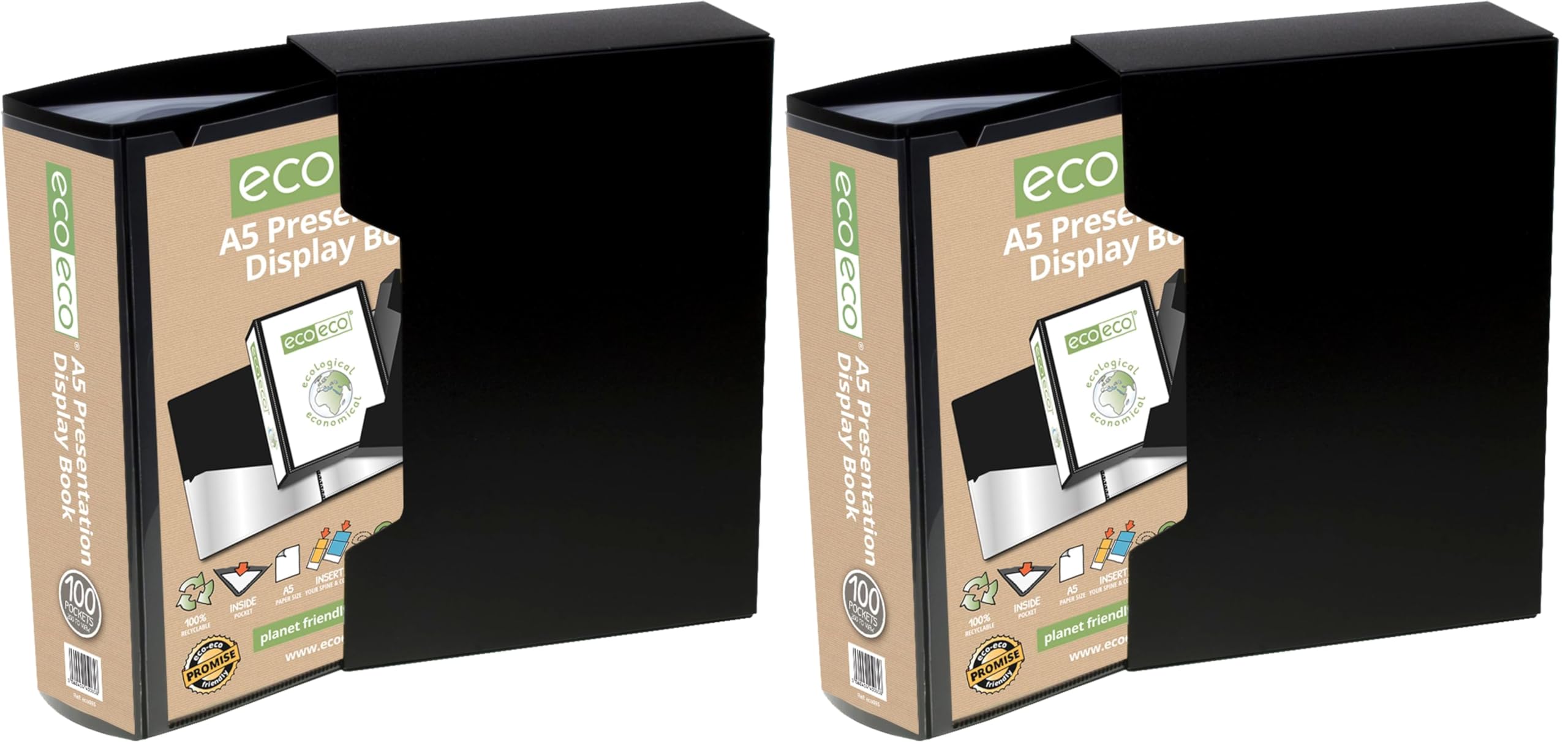 eco-eco A5 Size 50% Recycled 100 Pocket Black Presentation Display Book, Storage Case Portfolio Art Folder with Plastic Sleeves with Black Display Box (Pack of 2) — image 1