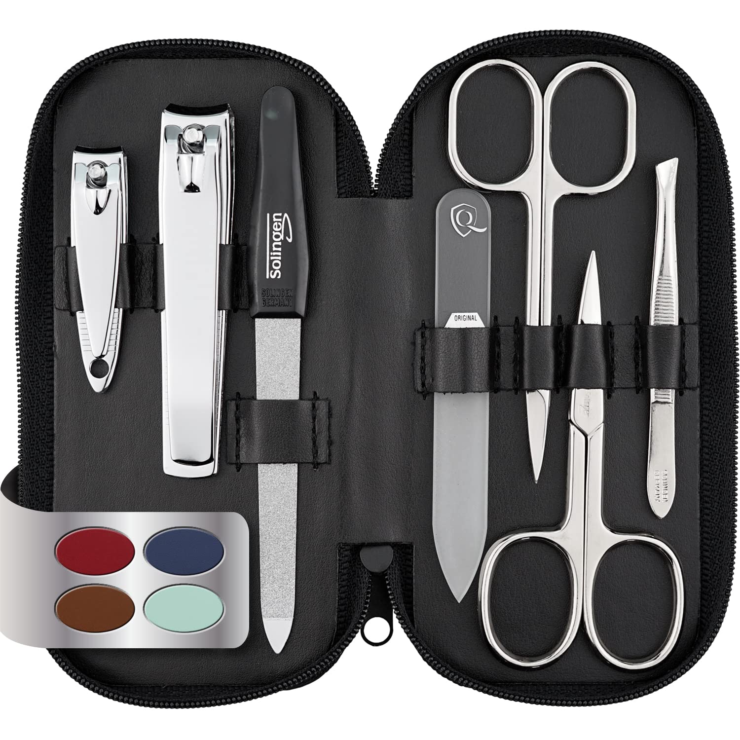 Solingen Manicure Set for Women & Men - 7-Piece Nail Kit Made in Germany with Patented Glass Nailfile - Handy and Soft Real Leather Case, Black