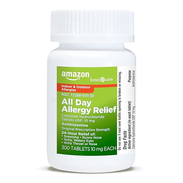 AMAZON BASIC CARE ALL DAY ALLERGY, CETIRIZINE HYDROCHLORIDE TABLETS, 10 MG, 24-HOUR RELIEF FOR ALLERGY, 300 COUNT (PACKAGING MAY VARY)