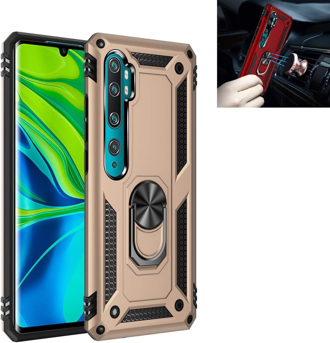 Xiaomi Mi Note 10/Mi Note 10 Pro case,Shockproof 360° Rotating Kickstand,Silicone TPU+PC Super Durable Dual Protection Cover,Car Magnetic Attraction case,for Xiaomi Mi Note 10/Note 10 Pro (Gold)