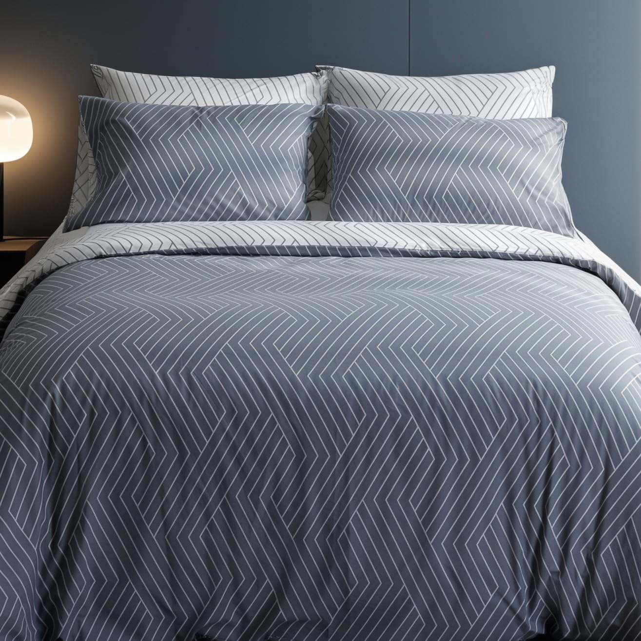 LERUUM Grey King Size Duvet Cover Sets Cotton Kingsize Bedding Set Reversible White Striped Duvet Cover (Grey King Bedding)