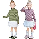 MINI PANDA Little Girl's High-Neck Striped Long-Sleeved T-Shirt, Toddler's High-Neck Stretch Top