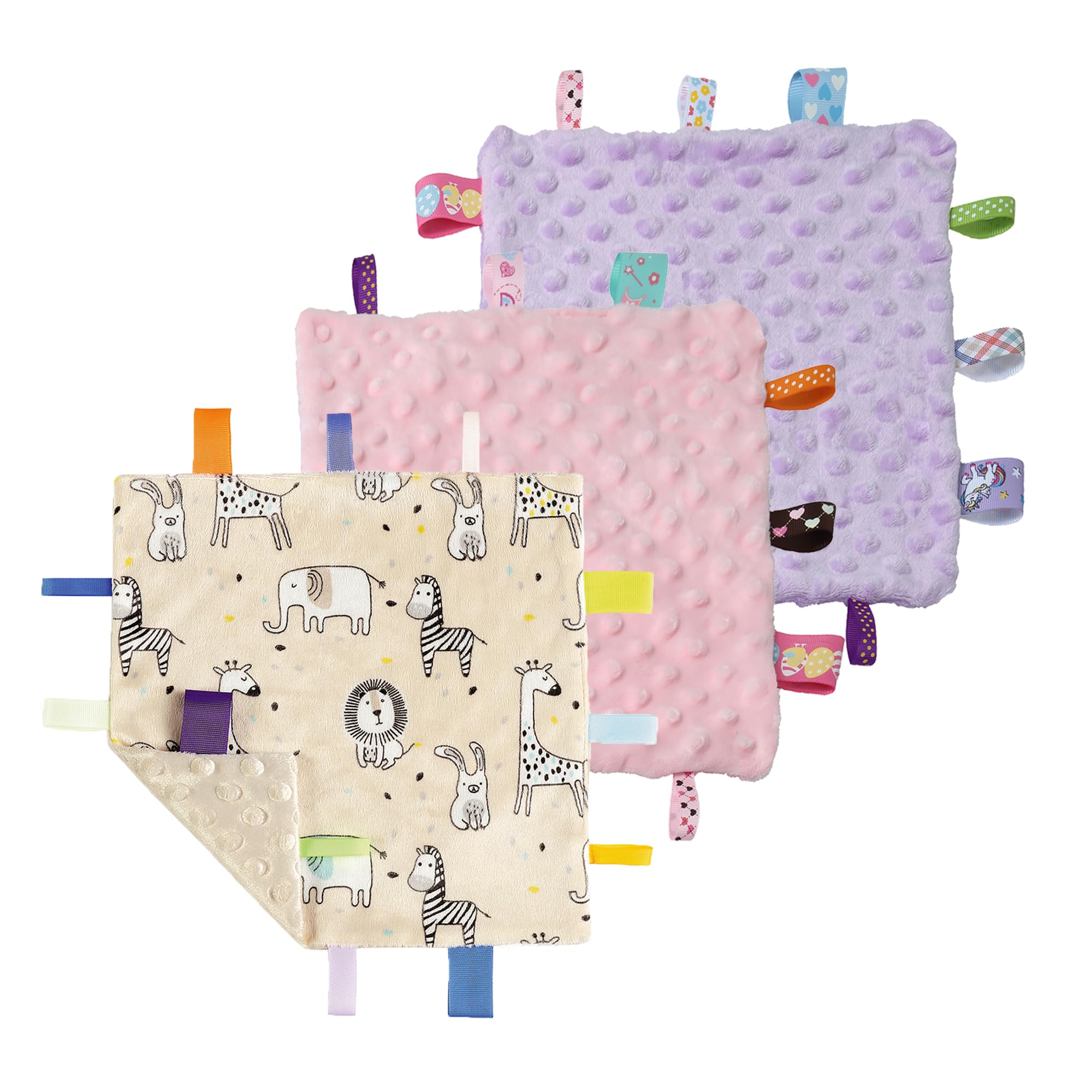 CREVENT Tag Security Blankets for Babies, Soft Small Loveys for Boys, Baby Comforter Sensory Blanket, Great Gifts for Birthday Baby Shower (24X24cm Zoo + Pink + Purple)