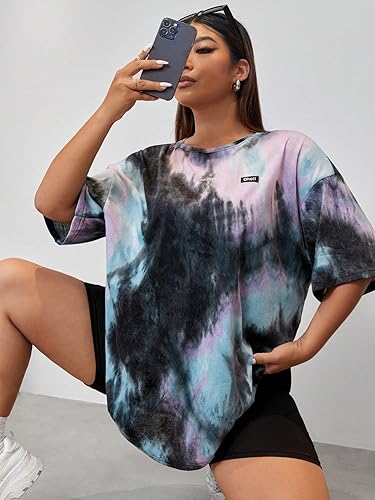 SOLY HUX Women's Plus Tie Dye Letter Drop Shoulder Half Sleeve