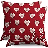Valentines Day Pillow Covers 18X18 Set of 2, Red Pink Love Heart Valentines Themed Print Holiday Throw Pillowcases Anniversary Decorative Outdoor Farmhouse Cushion Cases Couch Sofa Bed Decor