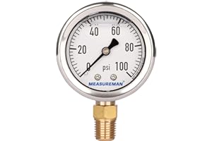 MEASUREMAN 2" Dial Size, Glycerin Filled Plumbing Pressure Gauge, 0-100psi, Black Steel Case, 1/4" NPT Lower Mount