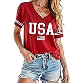 American Flag T-Shirt Women USA Patriotic Graphic Tee 4th of July V-Neck Short Sleeve Casual Tops,Red,Black