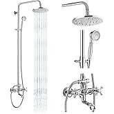 gotonovo Exposed Shower Faucet Set 8 Inch Rainfall Showerhead 3-Function Shower Fixture with Tub Spout 2 Corss Handles Shower System, Polish Chrome