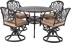 Laurel Canyon Outdoor Dining Set, 5 Piece Cast Aluminum Furniture, 4 Patio Swivel Chairs 42