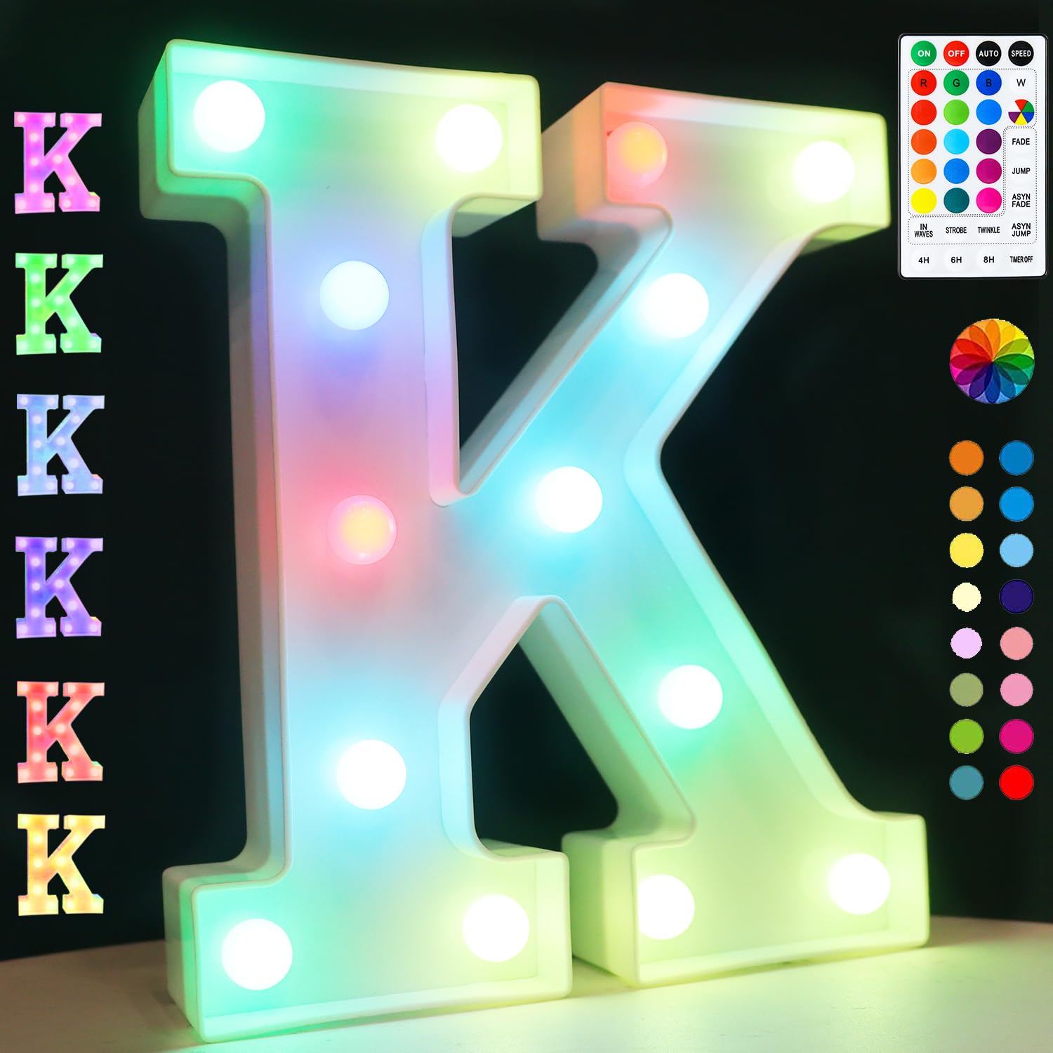Light Up Colorful LED Marquee Letter Lights, 18 Colors Changing Alphabet Letters Sign with Remote Timer for Night Light Wedding Birthday Party Lamp Christmas Home Bar Decor- Colorful K