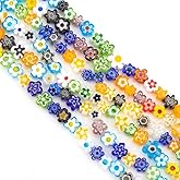 OLYCRAFT About 264~330 Pcs Millefiori Lampwork Glass Beads 3.7~5.6mm Handmade Flower Millefiori Lampwork Glass Beads 1mm Hole Colorful Flower Spacer Loose Beads for Necklace Jewelry Crafts Making