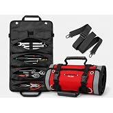 SARZRO Roll up tool bag, Reflective Strips, Waterproof, 1680D, Red/Black | padded shoulder strap, 4-metal D rings, 11 compartments, zipper pouches, 2 detachable pouches, 5 covered outer pockets