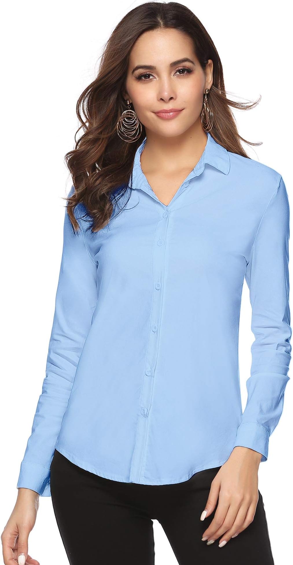 Abollria Women's Blouse Long Sleeve Button Down Plain Work Office Shirts Blouse with Stretch Black White