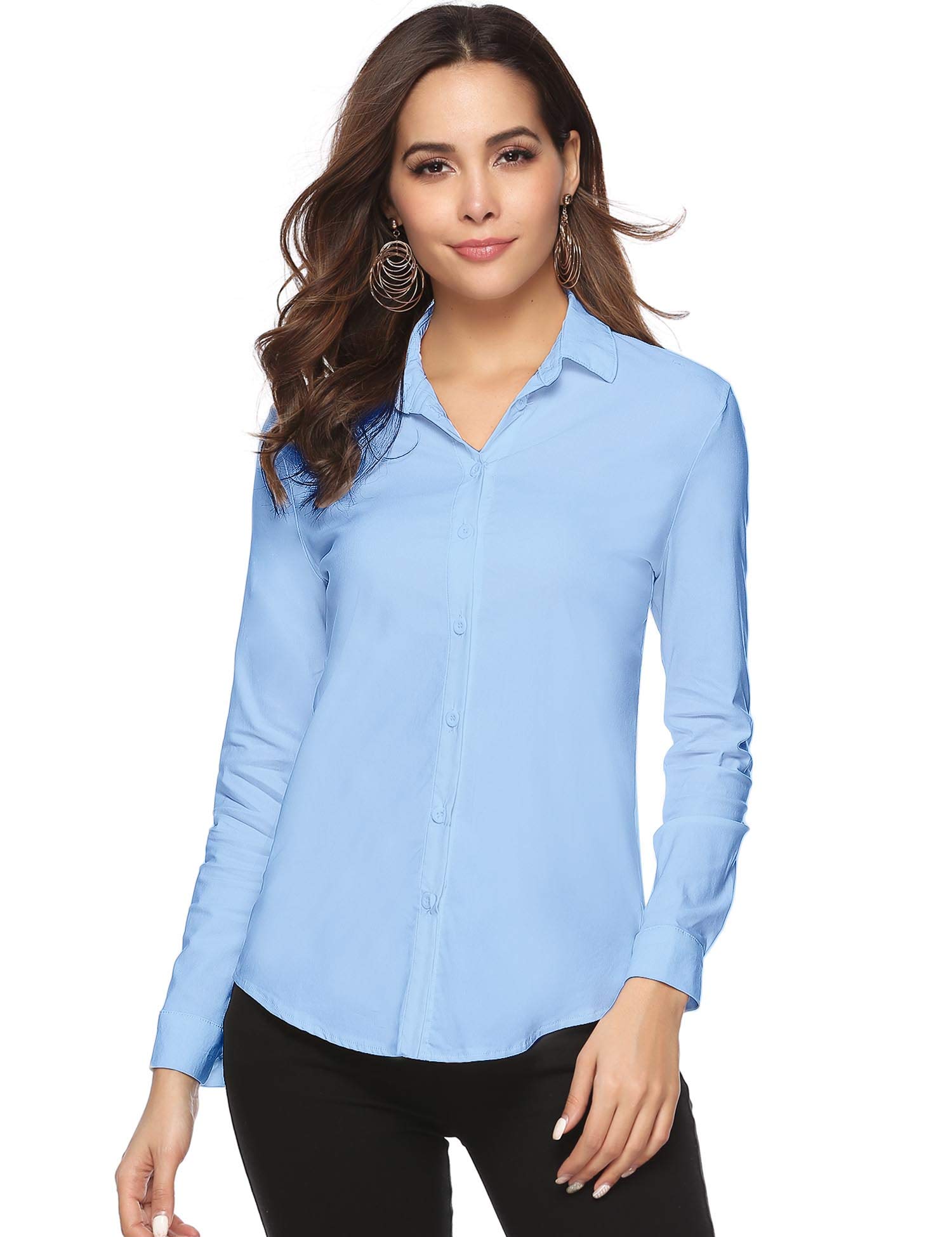 Abollria Women's Blouse Long Sleeve Button Down Plain Work Office Shirts Blouse with Stretch Black White