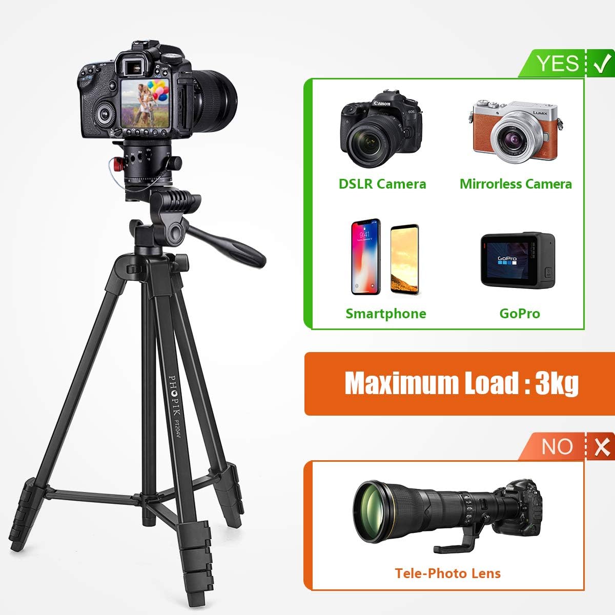 PHOPIK Lightweight Phone Tripod 55-Inch, Video Tripod with 360 Panorama and 1/4” Mounting Screw for Mirrorless/Gopro/DSLR Camera, Phone Holder for Smartphone, Max Load 6.6 Lbs, Carry Bag Inclued. : Camera & Photo