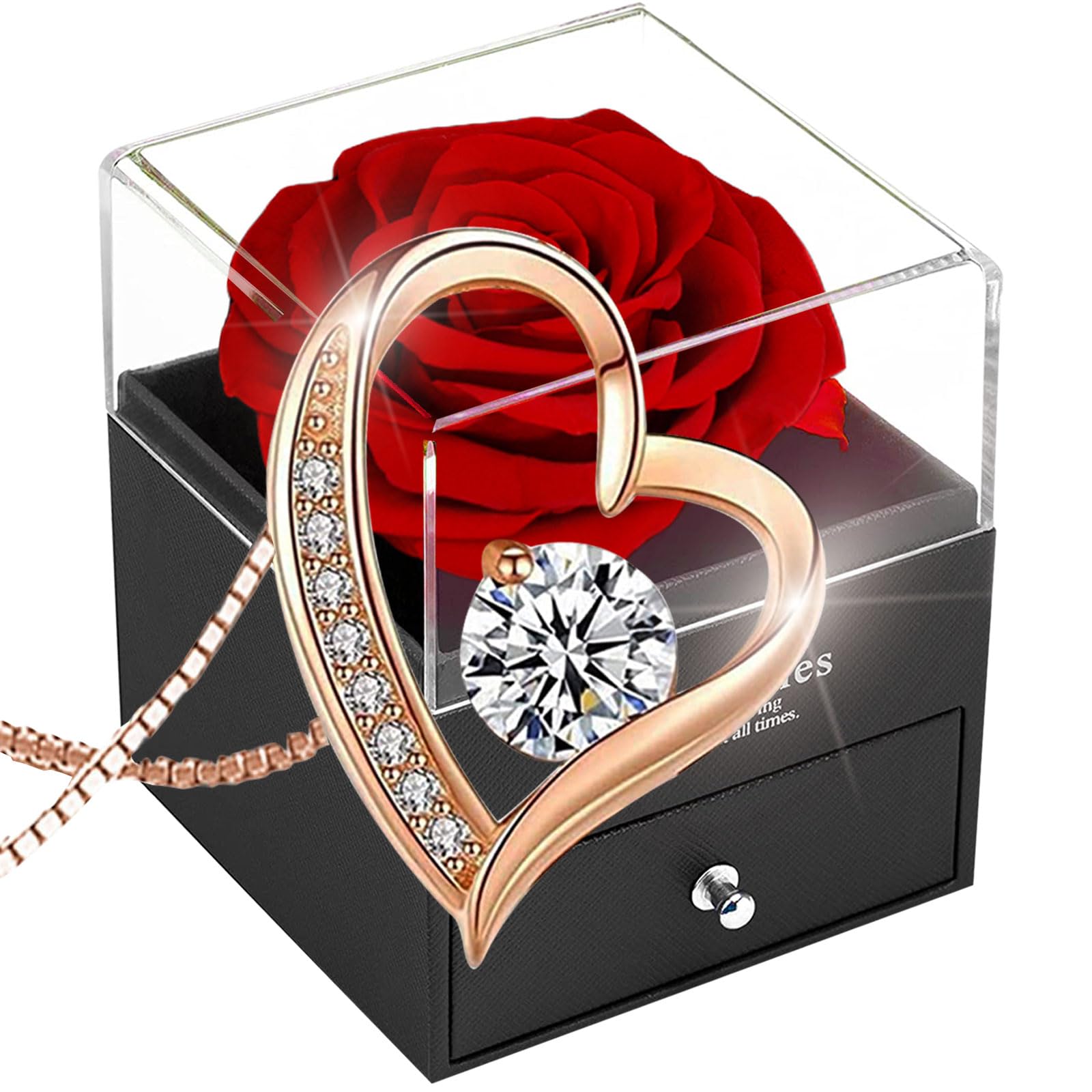 SWEETIME Eternal Rose Gift Box Preserved with Necklace,Forever Red Rose with 925 Sterling Silver Heart Necklace,Mothers Day Gift,Enchanted Real Flower Box for Her on Valentine's Day Anniversary