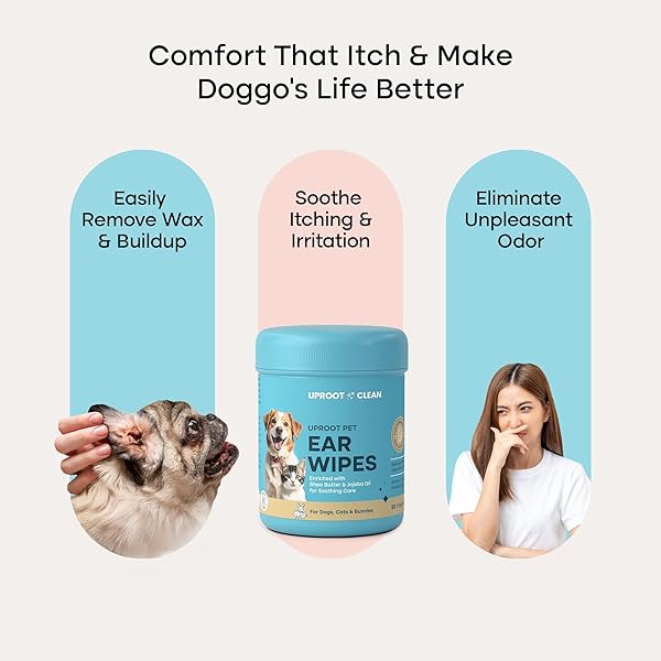UPROOT CLEAN CAT & DOG EAR CLEANER FINGER WIPES (50CT.): DISPOSABLE DOG EAR WIPES ENRICHED WITH SHEA BUTTER & JOJOBA OIL – CLEANER REMOVING WAX BUILD UP, HELP WITH ODOR DISCOMFORT