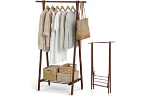 Giantex Folding Clothes Rack, Solid Rubber Wood Clothes Hanging Stand with Storage Shelf for Garments Hats Handbags, Wooden C