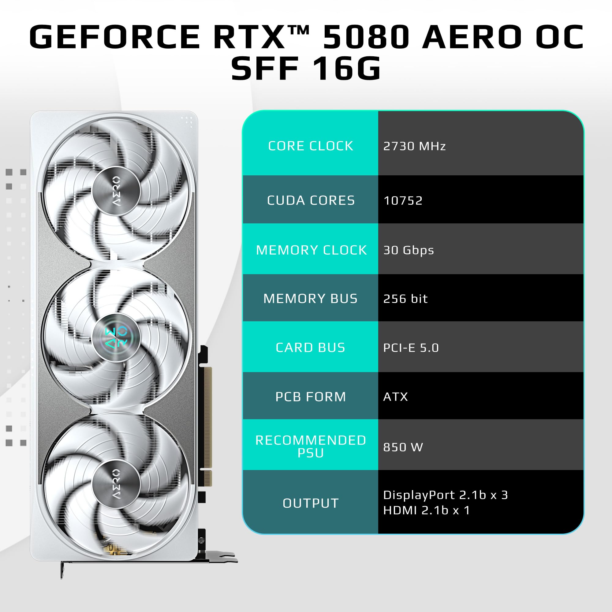 GIGABYTE GeForce RTX 5080 AERO OC SFF 16G Graphics Card, WINDFORCE Cooling System, 16GB 256-bit GDDR7, GV-N5080AERO OC-16GD Video Card