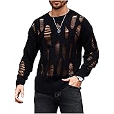 Verdusa Men's Hollow Out Distressed Knit Sweater Top Long Sleeve Pullovers