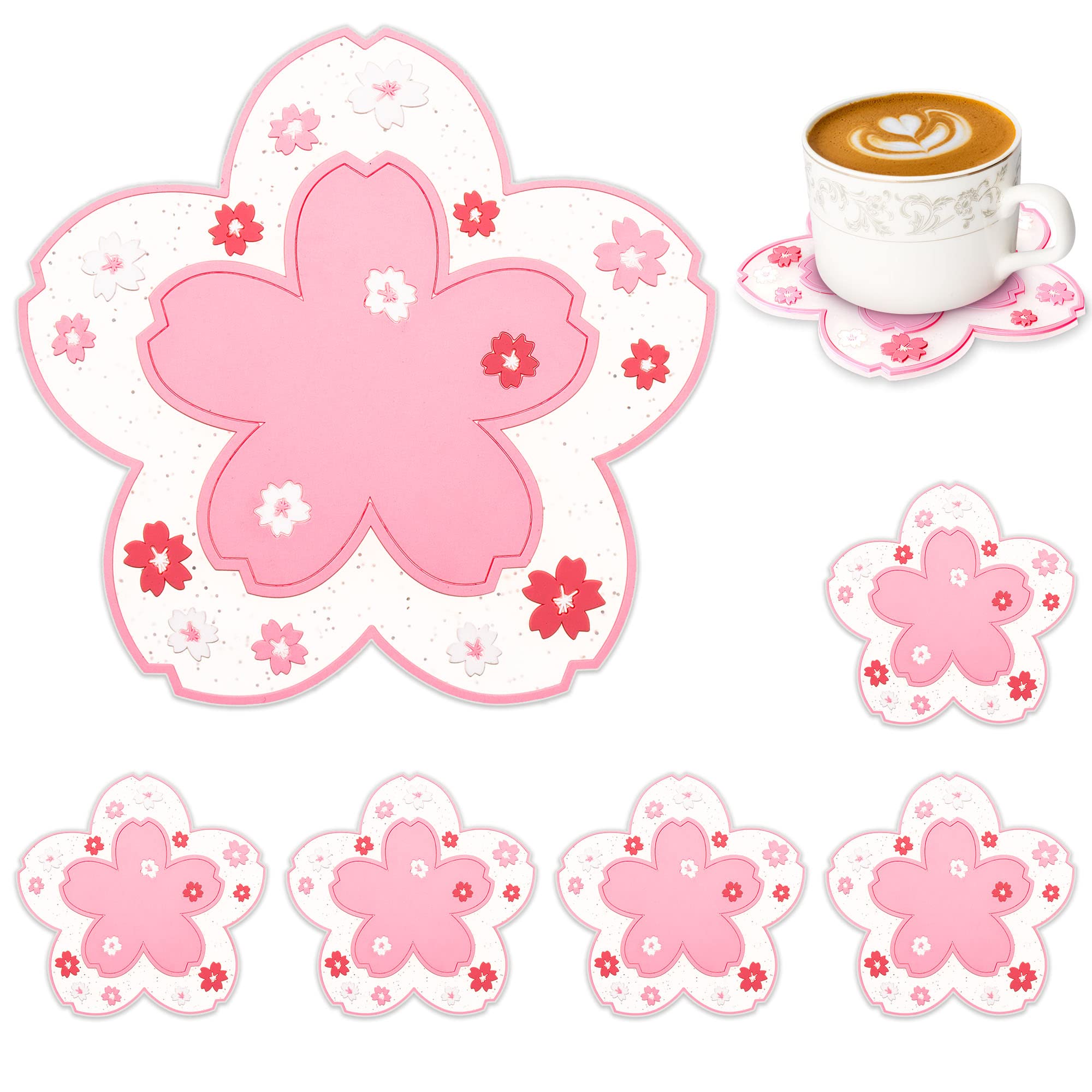 Conisy Flower Coasters for Drinks,6 Pcs Cute Non-Slip Washable Reusable Heat Resistant Silicone Coasters (Sakura,Pink)