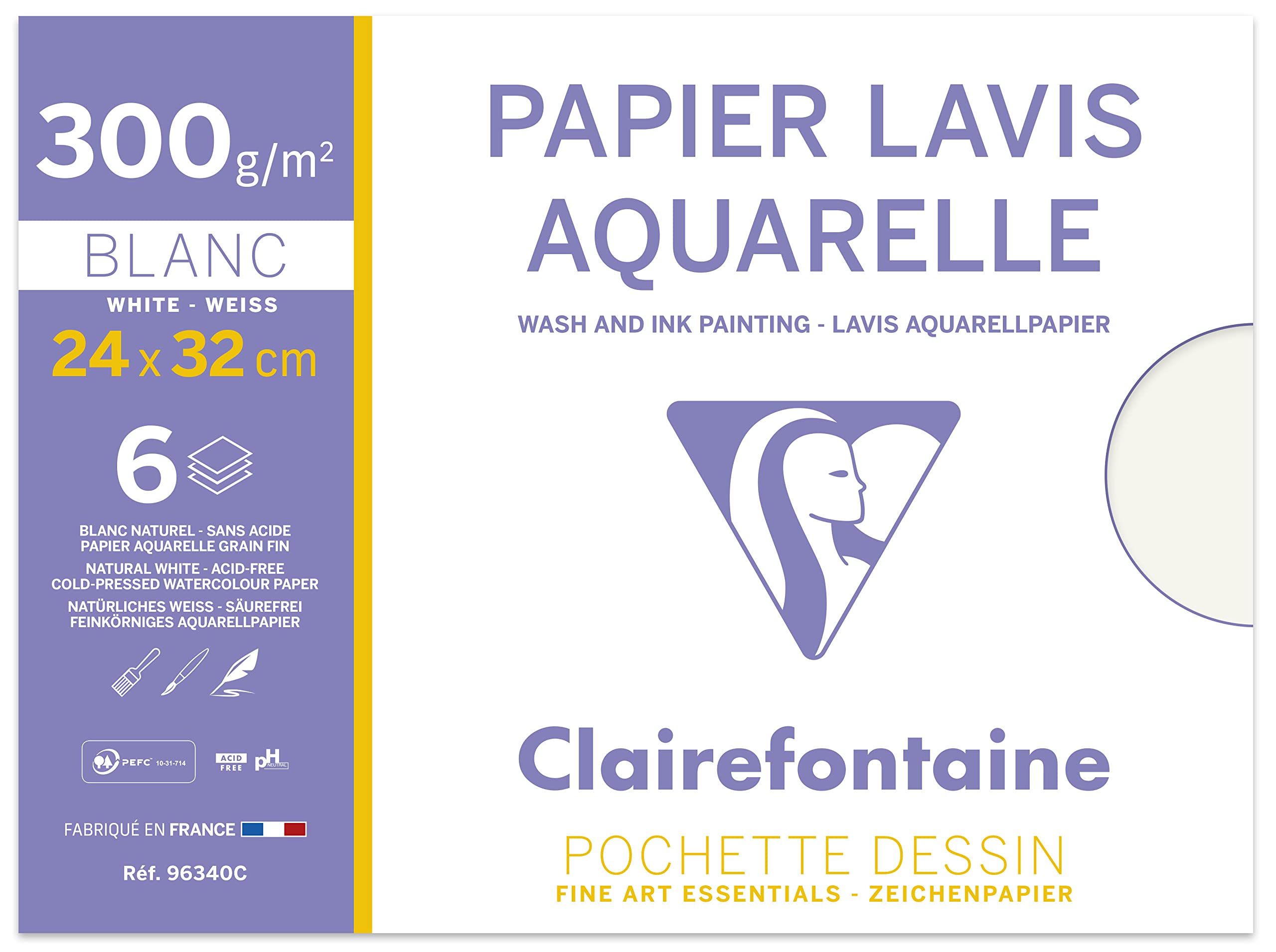 Clairefontaine - Ref 96340C - Wash Drawing Paper (Pack of 6 Sheets) - 24 x 32cm, 300gsm Paper, Envelope Packet - Suitable for Wet Techniques Including Watercolour & Gouache