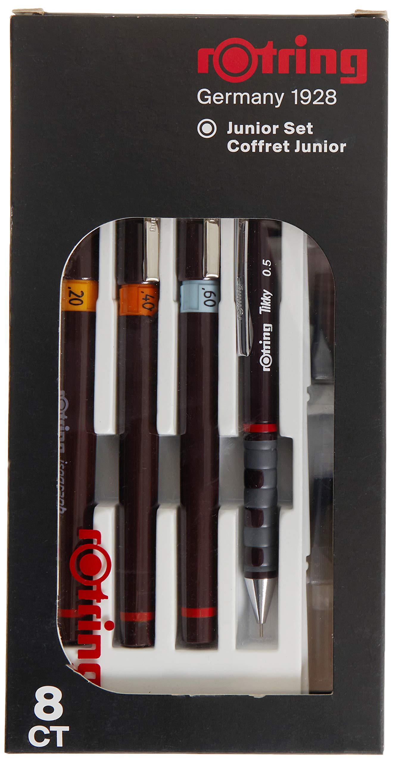 Rotring Isograph Junior Set 3X Technical Pens (0.20mm, 0.40mm, 0.60mm) + Accessories, Red