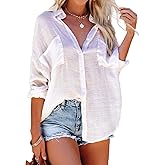 Bsubseach Button Down Swim Cover Up Shirt Sexy Long Sleeve Beach Blouse Bathing Suit Cover Ups for Women