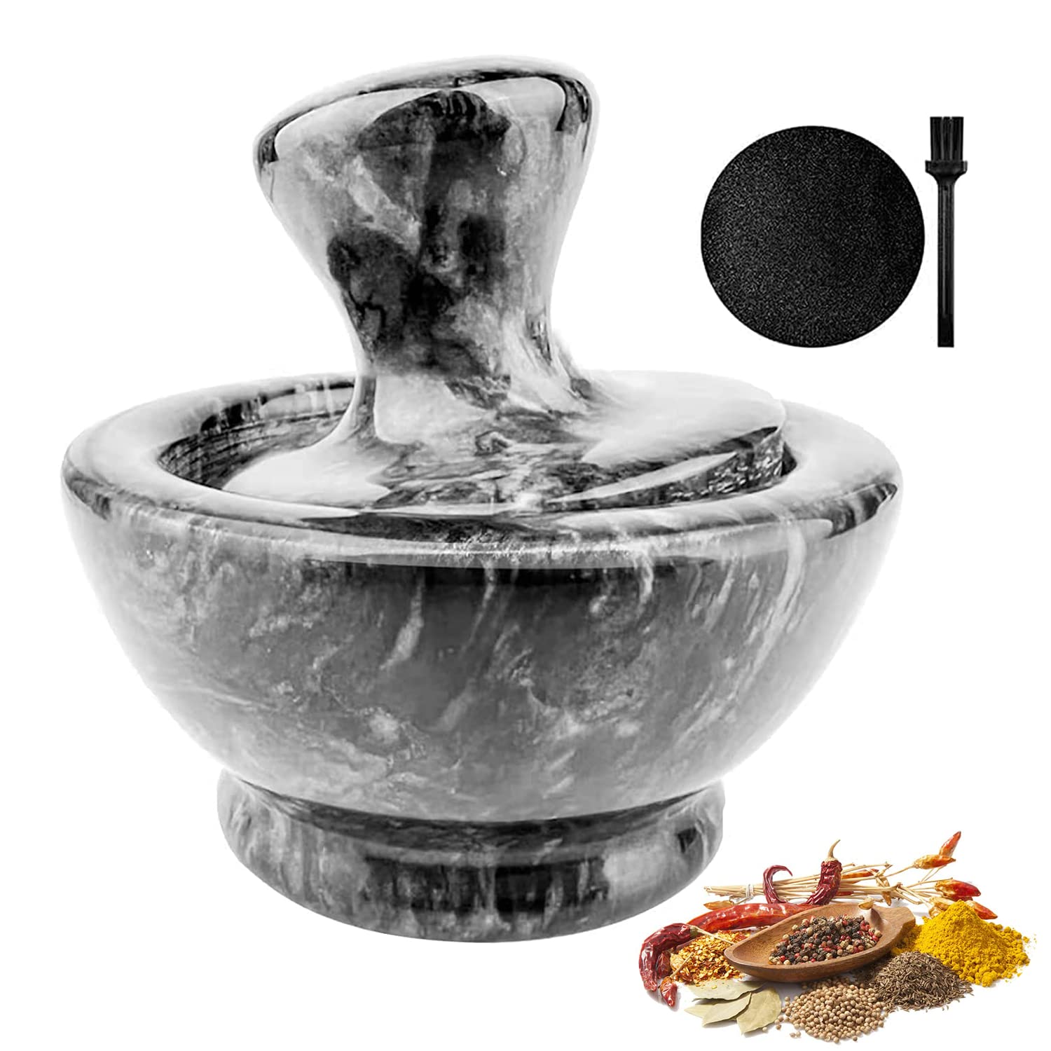 KeeTouch Marble Mortar and Pestle Set with Non-Slip Mat, Brush, 3 inches, Black, Polished