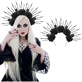 Black Rose Skeleton Goddess Halo Crown Headband for Women Gothic Flower Skull Queen Hair Hoop Day of The Dead Head Piece Costume Renaissance Cosplay Hair Accessory for Halloween Witcher Makeup Party
