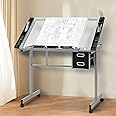 SFIHOME Adjustable Drafting Table & Stool Set, Art Desk with Additional Slide-Out Table Design, Versatile Drawing Table with Storage, for Art, Drafting and Creative Tasks, Natural