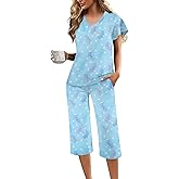 Ekouaer Womens Pajama Sets Ruffle Short Sleeve Sleepwear Top and Capri Pants Pjs Set Comfy 2 Piece Lounge Set S-XXL